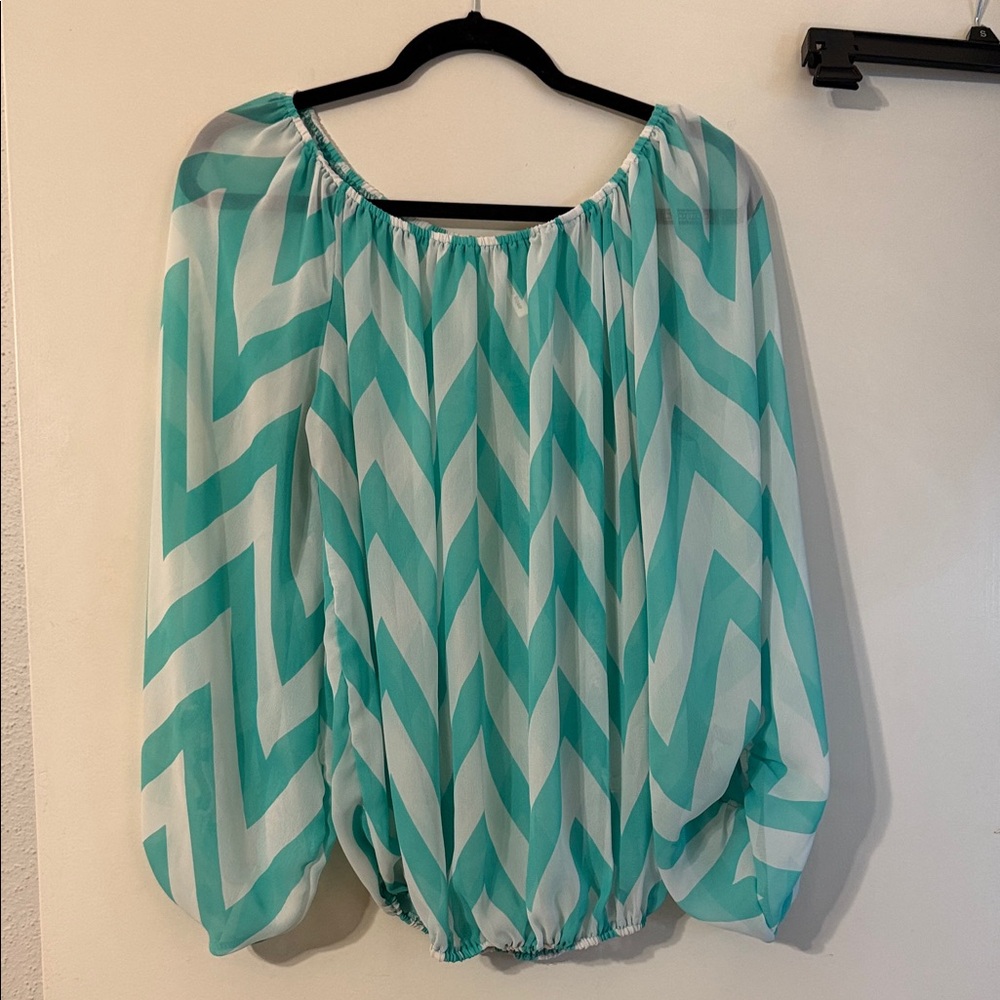 Chevron Patterned Teal Blouse